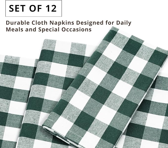 PurpleEssences Buffalo Plaid Cloth Napkins - Mitered Corners - Spring Easter Summer - Gingham Check Dinner Napkin - Set of 12-100% Cotton - 18x18 Inch - Reusable Washable - Forest Green and White