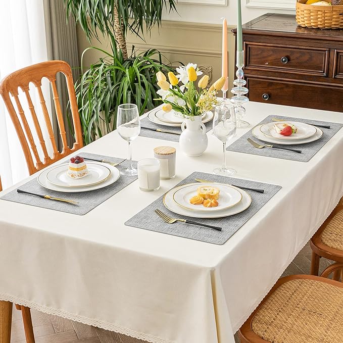 Romanstile Vinyl Placemats Set of 8-12 X 17 Inch - Faux Leather 100% Waterproof Oil-Proof Wipeable Place Mats, Heat Resistant Reversible PU Table Mats for Kitchen Dining Party Outdoor, Light Grey