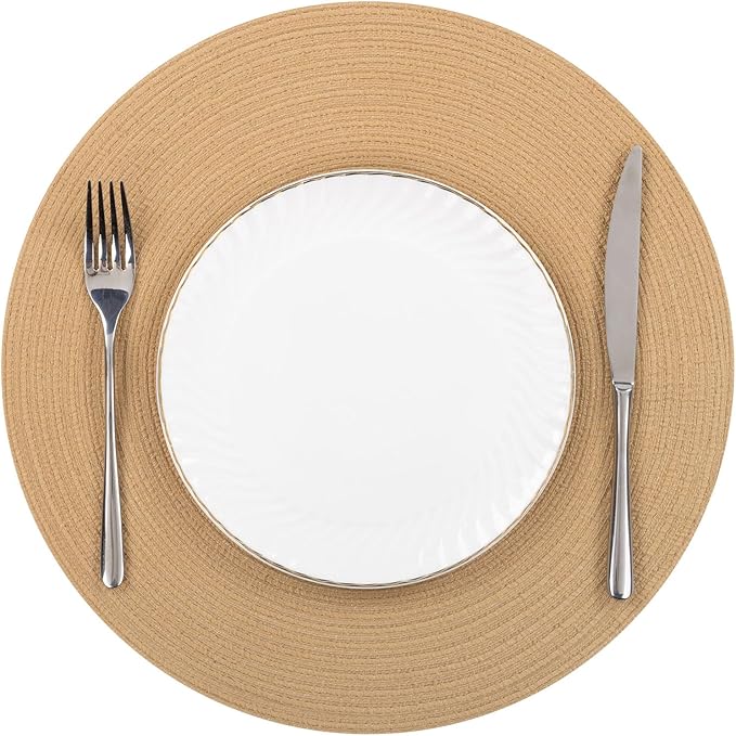 SHACOS 15 inch Round Braided Placemats Set of 6 Cotton Polyester Heat Resistant Round Table Mats Washable Place Mats for Dinner Party Table Decoration (Camel, 6)