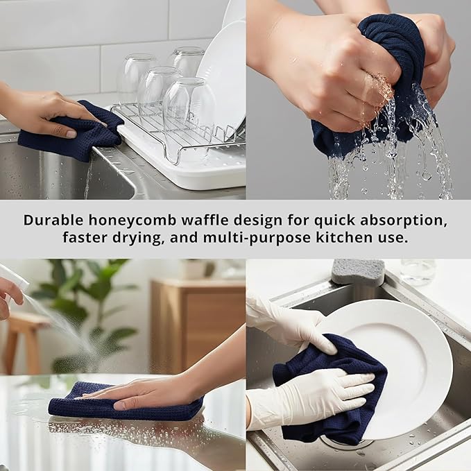 PurpleEssences Dish Cloths and Dish Rags - 6 Pack Waffle Weave Solid Kitchen Dish Wash Cloths, 100% Cotton, 12x12 Inches, Ultra Soft Absorbent Quick Drying - Spring Easter Summer - Navy Blue
