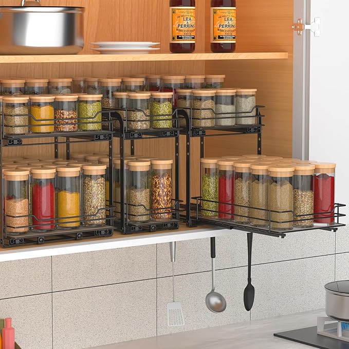 BOIVSHI 2-Tier Spice Rack, Pull Out Spice Racks Organizer for Cabinet, Height Adjustable Heavy Duty Metal Basket for Inside Cabinets & Pantry Closet (7.5''Wx10.5''Dx9.5''H)