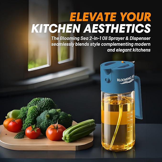 2-in-1 Oil Sprayer and Dispenser – 550ml Glass Olive Oil Bottle with Spray and Pour Modes – BPA-Free, Leakproof, Kitchen Oil Mister for Cooking, Air Fryer, BBQ (Deep Blue)