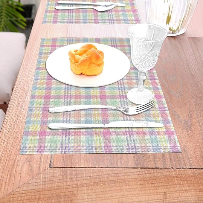 Spring Place mats Set of 4,12x18 Inches Colorful Plaid Stripes Placemats Rectangle Easter Decor Pink Green Purple Linen Table Mats for Party Home Kitchen Dining Table Decoration