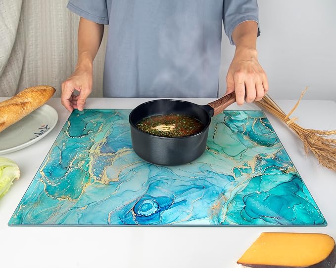 Kitchenville Glass Cutting Board 20”x16”: Tempered Glass Kitchen Counter Protector - Durable- Scratch-Resistant, Heat-Proof - Design 9 - Teal Ocean