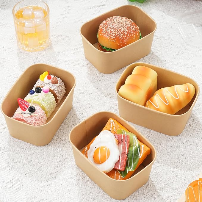 50 Pack 33oz Disposable Kraft Paper Bowls with Lids, Rectangle Meal Prep Containers Bulk, Large Paper Salad Bowl, Leakproof Food Containers Treat Soup Serving Bowls, Microwave Safe for Hot/Cold Food