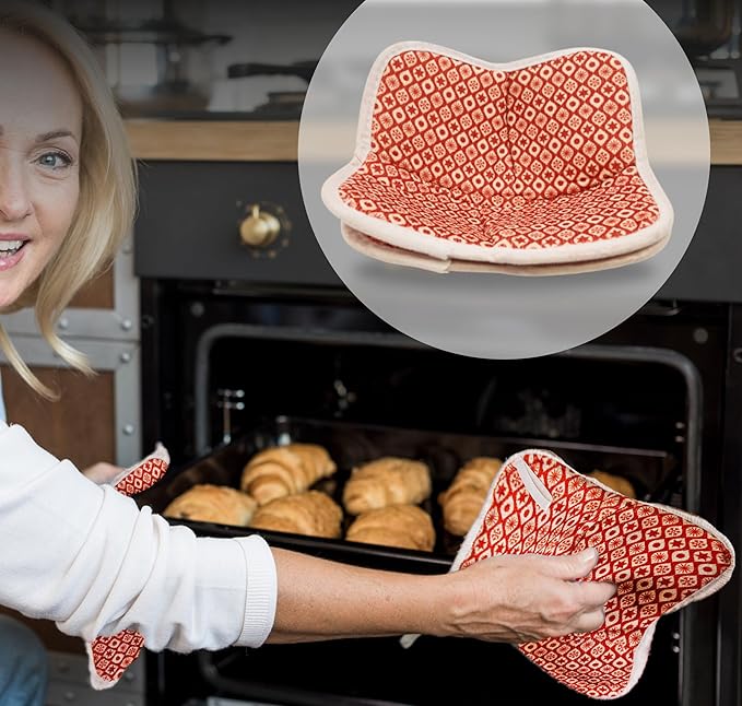 Set of 2 Microwave Bowl 4x7x7 Inch Polyester Cloth Hot Pads with Red Pattern - Multipurpose Heat Resistant Plate Holders - Ramen Pot Cozy or Soup - Pot Holder Microwavable Bowl Cozies for Food