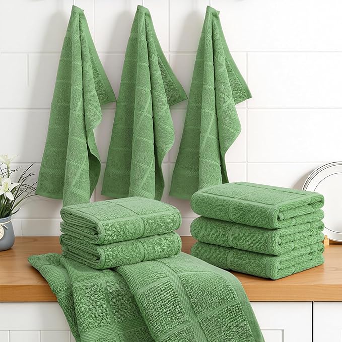 Homaxy Premium Kitchen Towels 18"x28", 6 Pack Large Cotton 380 GSM Dish Towels, Soft and Absorbent Kitchen Hand Towels with Terry Grid Design, Utility Tea Towel Set with Hanging Loop, Grass Green