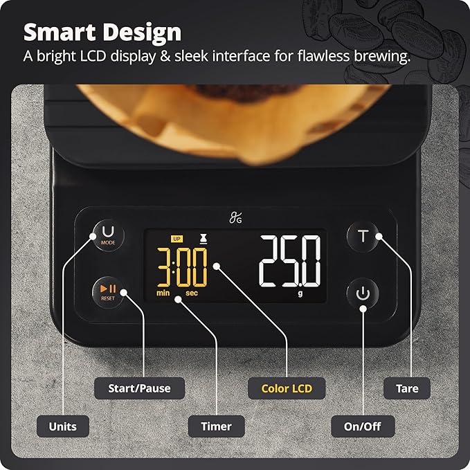 Greater Goods Coffee Scale with Timer โ 0.1g Precision Digital Coffee & Espresso Scale for Pour-Over, Coffee Bean Weighing, Barista Brewing, Waterproof Cover, 3kg Capacity (Onyx Black)