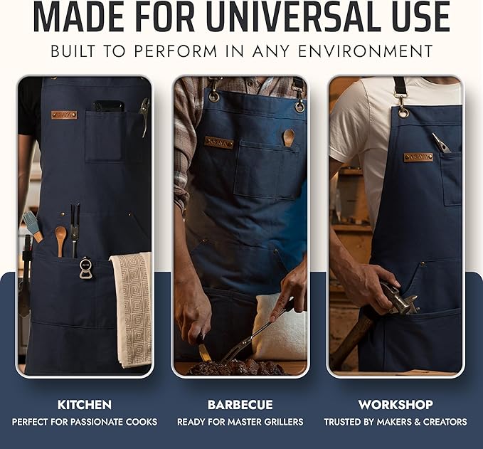 Asaya Chef and BBQ Apron with Bottle Opener and Hand Towel - 10oz Cotton Canvas, Stainless Steel Hardware - Cross Back Straps