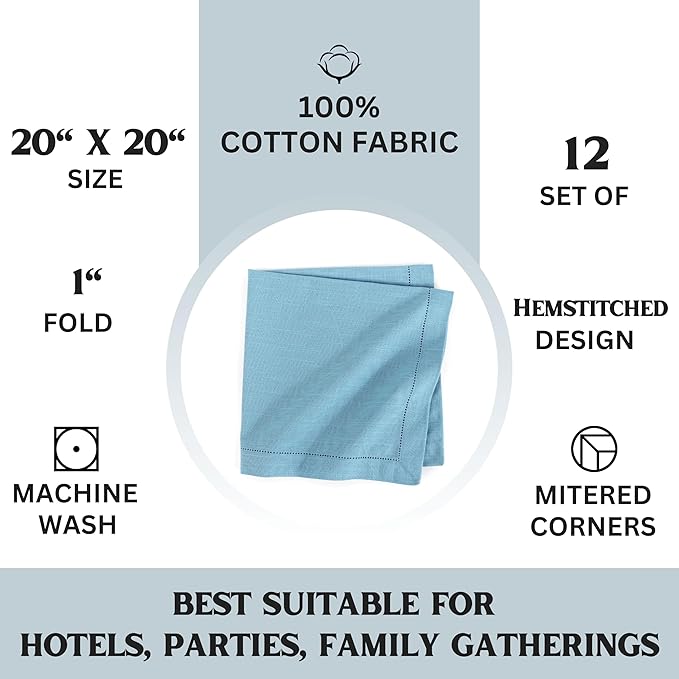 FINGERCRAFT Cloth Napkin Hemstitched 20x20 Inch Generous Picot Hem, Mitred Corner, Everyday Use Premium Quality High GSM and Good Absorbency Set of 20 Easter Color Aqua Blue