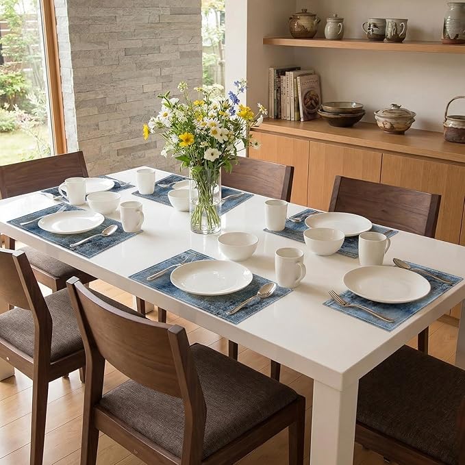 Emvency Farmhouse Placemats Set of 6,12x18 Inch Linen Rectangular Place Abstract Blue Vintage Modern Navy Table Mats for Indoors & Outdoor Home Party Kitchen Dining Decoration