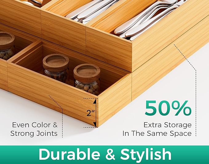 Bamboo Kitchen Drawer Organizer Boxes – 9" x 3" Stackable Wood Silverware Utensil Tray for Drawers Bins, Cutlery & Flatware Storage – Wooden Organizers Set of 2 for Junk Drawer, Bathroom, RV
