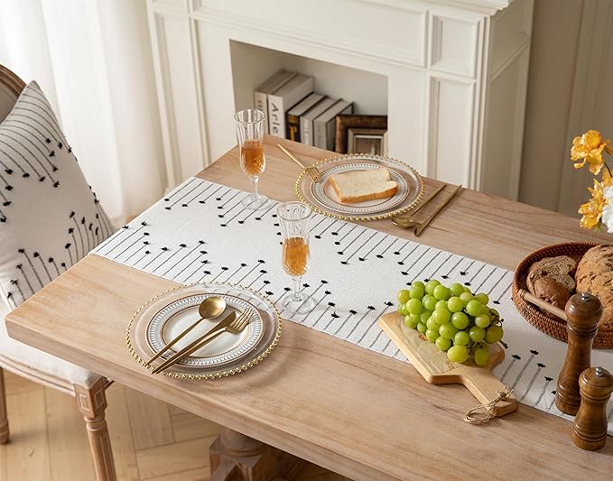 Boho Table Runner 13 x 60 Inch Long Natural Cotton Woven Runner with Tassels for Home Dining Table décor, for Modern Farmhouse Decor Coffee Table Runner, Black and Beige