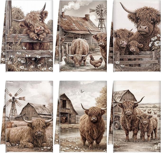 Breling Set of 6 Highland Cattle Kitchen Towels Highland Cow Vintage Themed Dish Towel Bathroom Decorative Rustic Cloths for Kitchen Bathroom Home Cooking Housewarming Gifts, 14 x 21 Inch