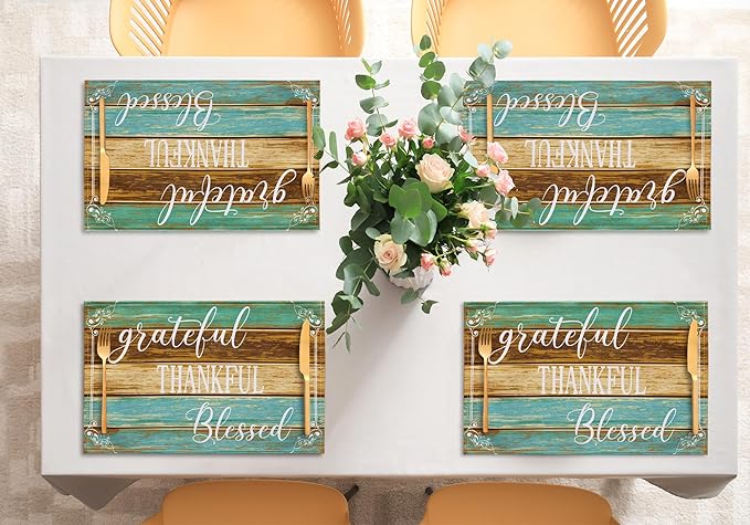 Farmhouse Placemats Set of 6 Thanksgiving Dining Table Placemats Rustic Teal Cloth Place Mats - Linen Washable Wipeable Heat Resistant Decorative Table Mats for Kitchen Coffee Dinner