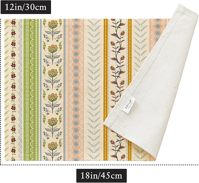 LilyCat Linen Fabric Multicolor Floral Placemats, Stripes Durable Boho Dining Table Mats for Kitchen, Rustic Vintage Washable Place Mats Set of 4, 18’’× 12’’