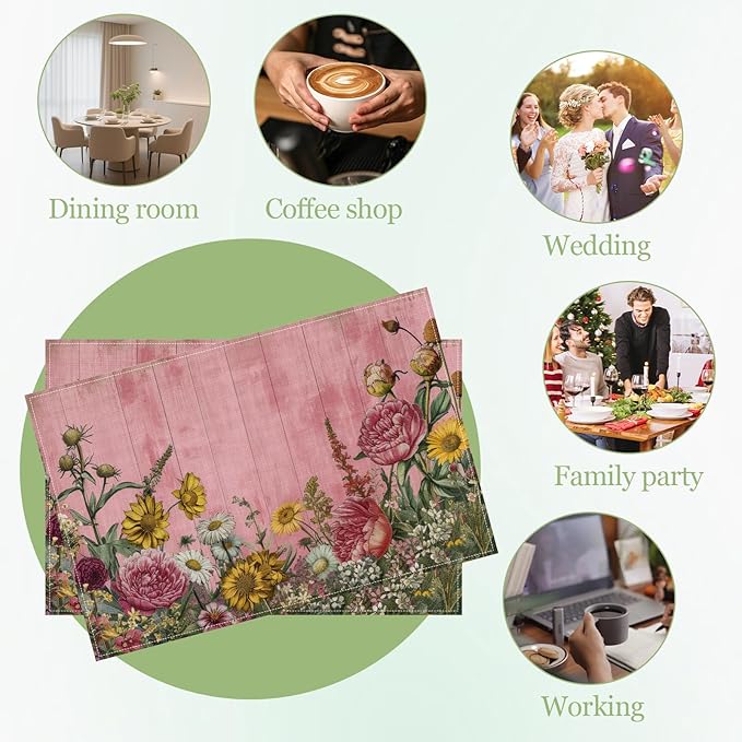 Vintage Wildflower Pink Wooden Placemats Set of 6, Washable Heat Resistant Table Mat Linen Place Mats for Party Kitchen Dining Home Decor 12x18 Inch