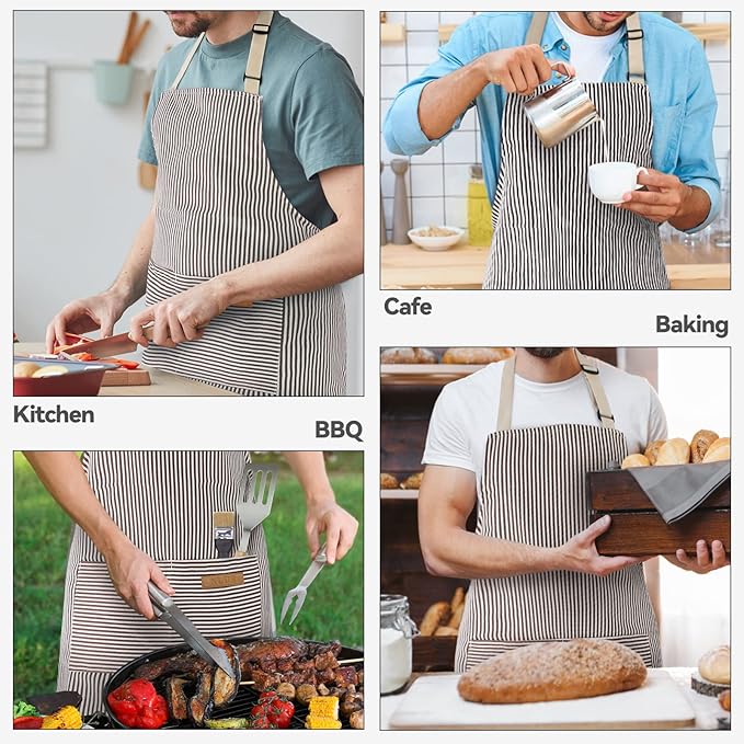 NLUS 2 Pack Cooking Aprons for Women with Pockets, Adjustable Kitchen Bib Aprons Chef Aprons for Women Men(Brown Pinstripes)