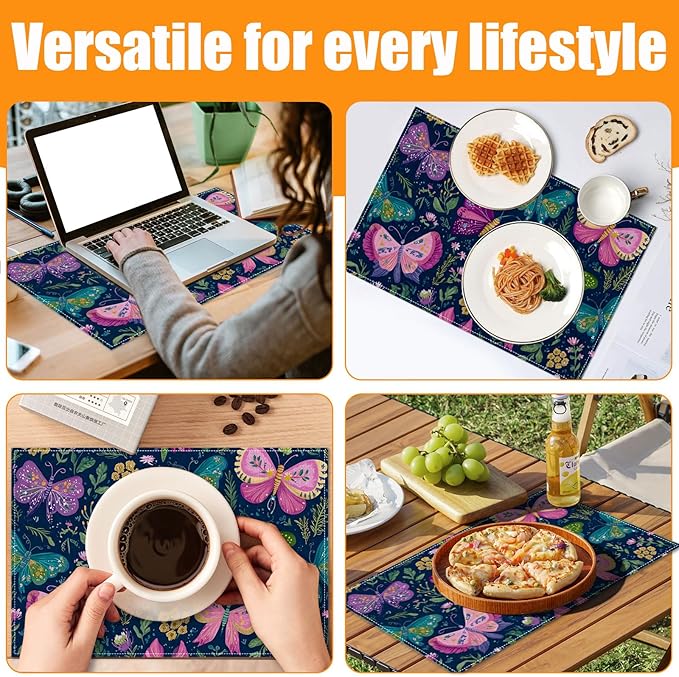 Butterfly Floral Vintage Placemats Set of 6,12 x 18 Inch Table Mats Washable Heat Resistant Linen Fabric Rectangle Place Mat for Party Home Kitchen Dining