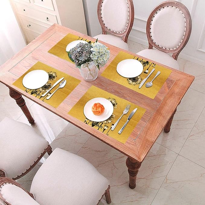 Sunflower Placemats Set of 4, Summer Table Mats for Dining Table, Heat Resistant Washable Linen Gold Place Mats for Kitchen Party Home Farmhouse Decor 12x18 Inch