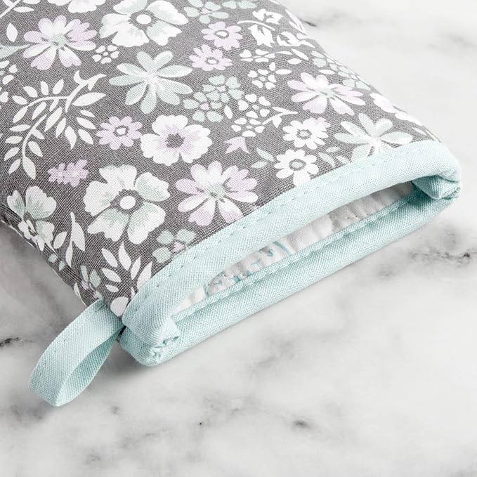 Martha Stewart Ditsy Floral Mini Oven Mitt 2-Pack Set, Grey, 5.5"X8"