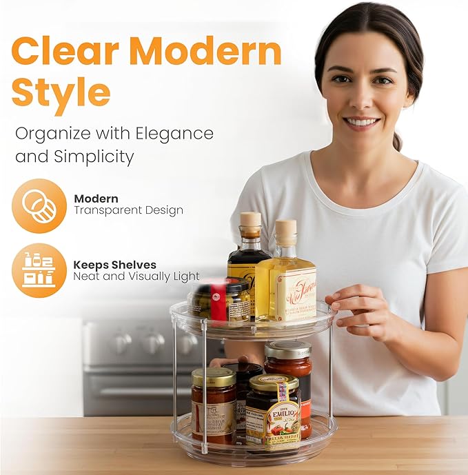 Clear Two Tier Lazy Susan Organizer - 2-Pack Rotating Spice Rack Turntable for Kitchen Cabinet, Countertop, Bathroom or Dining Table - Spinning Carousel Racks for Counter and Pantry Cabinet Storage