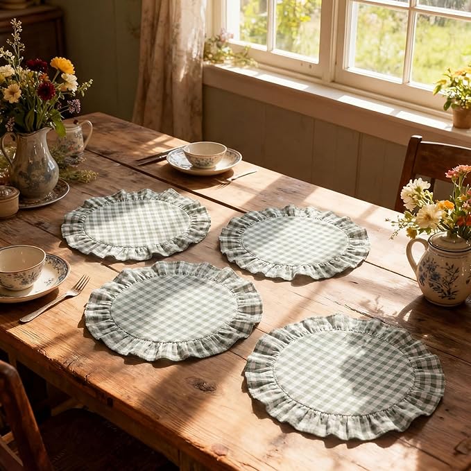 4 Pcs 15 Inch 100% Cotton Scalloped Round Placemats, Thin Countryside Green Gingham Place Mats with Ruffle, Washable Placemats Table Mats for Kitchen Dining Holiday Gatherings Decor