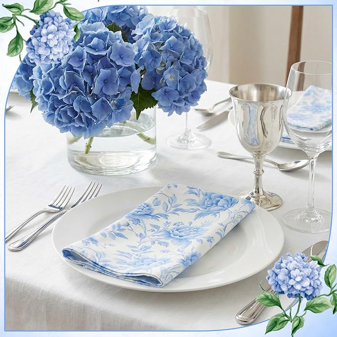 Hydrangea Floral Cloth Napkins 6 Patterns Washable Dinner Tea Party Napkins Reusable Plant Flowers Square Napkin Cotton Towel Decorative for Spring Wildflower Party(Blue Hydrangea,12 Pcs)