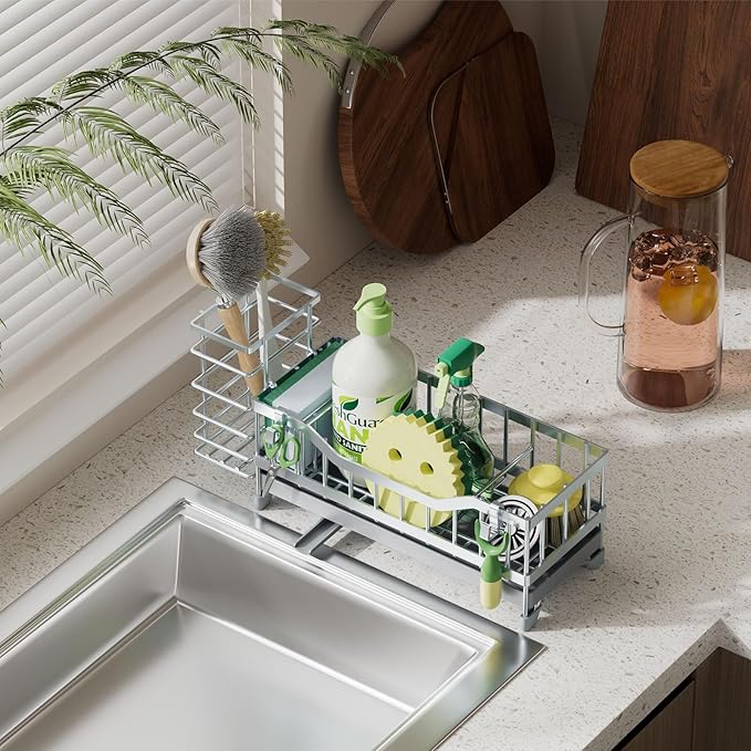 Sponge Holder for Kitchen Sink, Kitchen Sink Caddy with Long-Handled Dish Brushes Holder, 304 Rustproof Stainless Steel Countertop Organizers and Storage, Home Kitchen Sink Accessories(Silver)