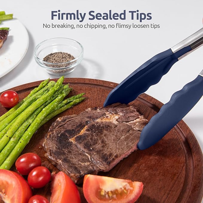 600ºF Heat Resistant Kitchen Tongs: U-Taste 9+12 inch Silicone Cooking Tong Set with Firm Sealed Non Stick Rubber Tips and Silicon Coated 18/8 Stainless Steel Handle for Serving Grilling-Midnight Blue