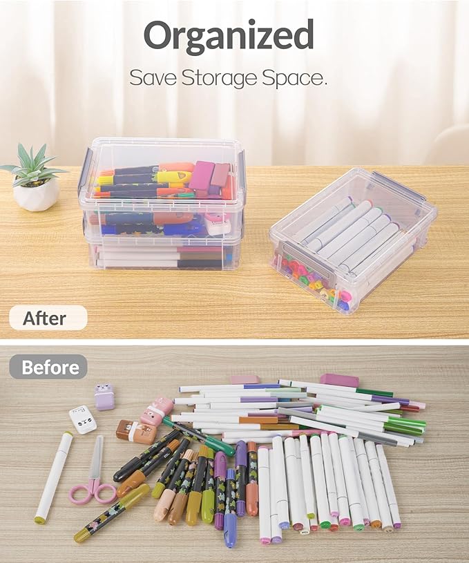 Sooez 6 Pack Extra Large Pencil Box, Plastic Pencil Case Crayon Box Bulk, Clear Marker Organizer Plastic Containers with Lid, Stackable Storage Boxes for Craft, Pen, Art, Back to School Supplies, Pink