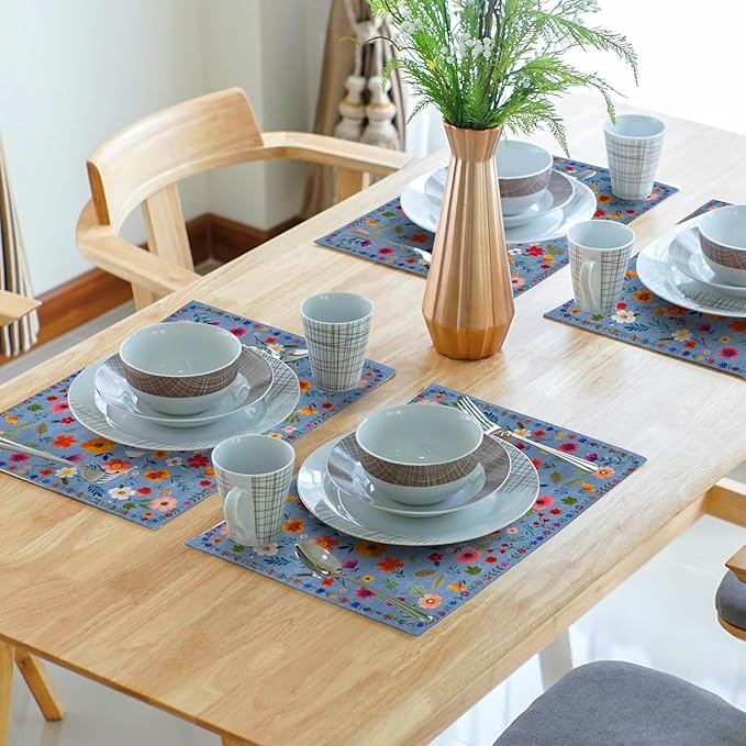 Blue Flowers Linen Placemats Set Spring Floral Table Mat for Women Kitchen Dining Decoration