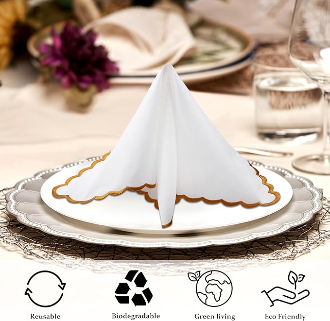 Ridhi Cloth Napkins 100% Pure Cotton Farmhouse Wedding Dinner Napkins Gift for Spring, Easter, Valentine, Holiday, Everyday Napkin (8-18" x 18" White with Goldenrod Yellow Edge)