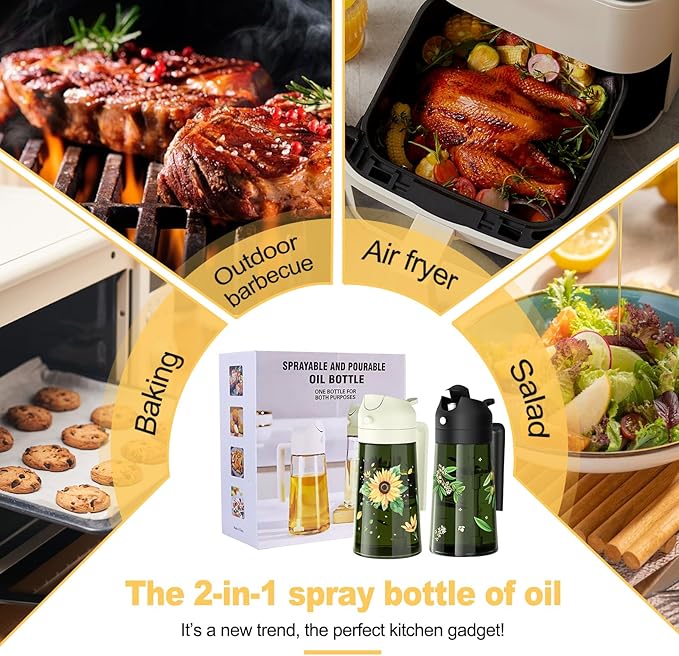 COOLMI Oil Sprayer for Cooking, 2 in 1 Olive Oil Dispenser Bottle Set for Kitchen, Food-Grade Glass Green Oil Vinegar Bottle Container - 16OZ/470ML Set of 2 (Black + Beige)