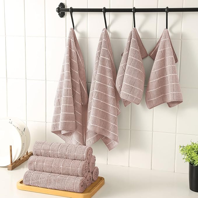 Puomue Microfiber Kitchen Towels and Dishcloths Set, 26 X 18 Inch and 12 X 12 Inch, Set of 12 Bulk Lint Free Dish Towels for Drying Dishes, Camel