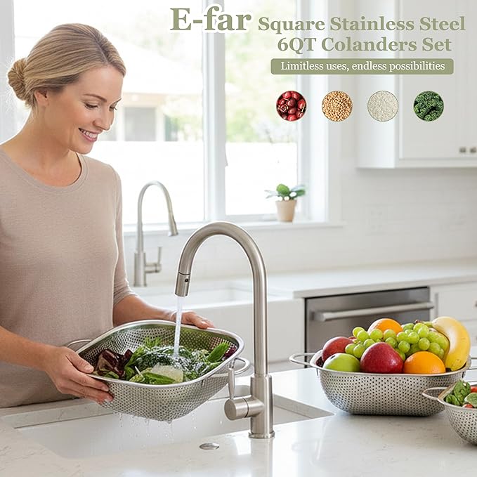 E-far 6QT Stainless Steel Colander with Handle - Square Metal Kitchen Strainer for Pasta & Vegetable Draining, Micro-Perforated & Elevated Feet, Dishwasher Safe