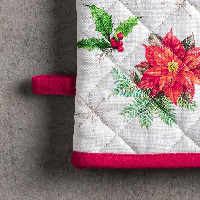 Maison d' Hermine 100% Cotton Oven Mitt & Pot Holder Set (7.5"x13" & 8"x8") Heat Resistant BBQ Cooking Gloves with Loop for Thanksgiving Christmas Decorations Handling Hot Pans (Chromo)