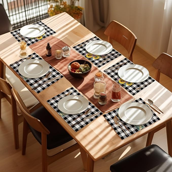 Summer Sunflower Placemats Set of 6,Washable Heat Resistant 12×18 Inch Linen Table Mats Plaid Place Mats for Party Outdoor Dining Decor