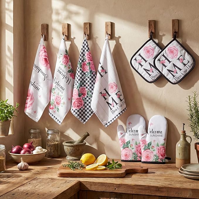 Leinuosen 8 Pcs Kitchen Towels and Dishcloths Sets Oven Mitts and Pot Holders Sets Absorbent Kitchen Gloves Potholders Heat Resistant for Chef Baking Cooking(Black and White,Rose)