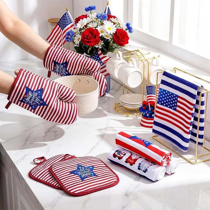 VitalCozy 10 Pcs Patriotic Kitchen Decor Set 4th of July Kitchen Towels and Rugs Pot Holders Oven Mitts Set for Independence Day Gift Cooking Baking Grilling Housewarming
