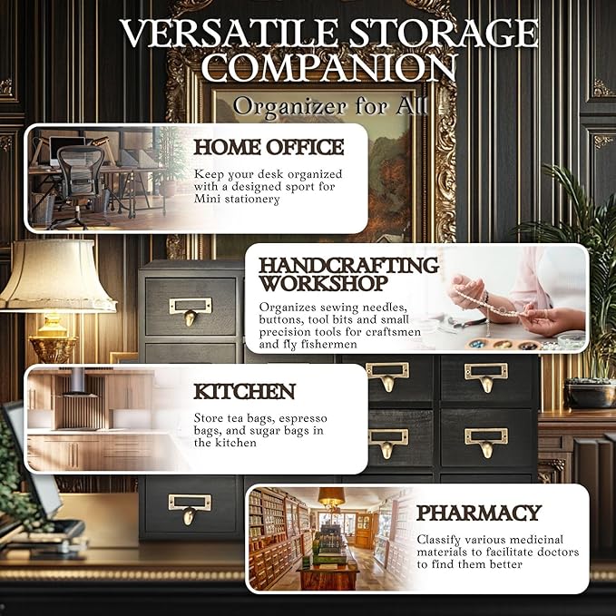 Flexzion Apothecary Cabinet with Drawers - 16 Vintage Apothecary Drawers Desktop Organizer for Home & Office - Wooden Tabletop Library Card Catalog Cabinet Storage for Jewelry, Makeup & Tools, Black