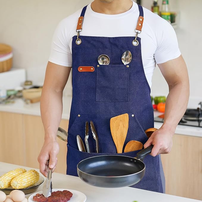 Aoomzoon Canvas Aprons for Men Chef Apron, Work Apron with Large Pockets - 16oz Heavy Duty Cross Back, BBQ, Cooking