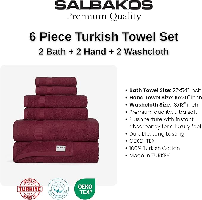 SALBAKOS 100% Turkish Cotton 6-Piece Towel Set | Premium Quality Hotel & Spa Collection | Ultra Soft, Super Absorbent 2 Washcloth, 2 Hand, 2 Bath Towels Sets | Made in Turkey (Wine, 6 Piece Towel Set)