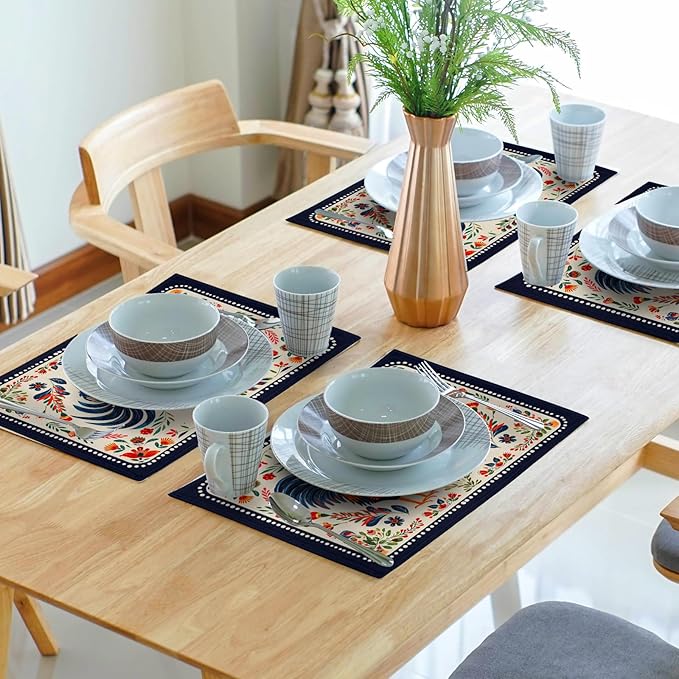Vintage Rooster Placemats Set Farmhouse Chicken Linen Table Mat Washable Place Mats for Dining Kitchen Party Decor