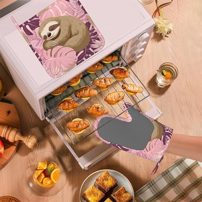 Pink Sloth Heat-Resistant Oven Mitts and Pot Holder Cute Animal Kitchen Non-Slip Silicone Cooking Microwave Gloves for Cooking Baking Grilling