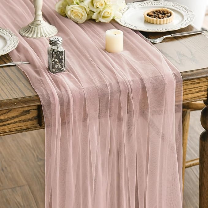 Artoid Mode 10PCS Dusty Rose Gauze Table Runner 120 Inch 10FT, Seasonal Sheer Kitchen Dining Holiday Wedding Birthday Baby Shower Table Decor for Home Party