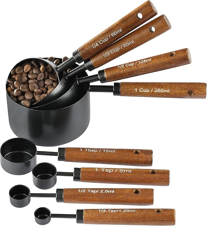 8PCS Measuring Cups and Spoons Set, DV Stainless Steel Measuring Cups with Ergonomic Wooden Handle for Cooking & Baking