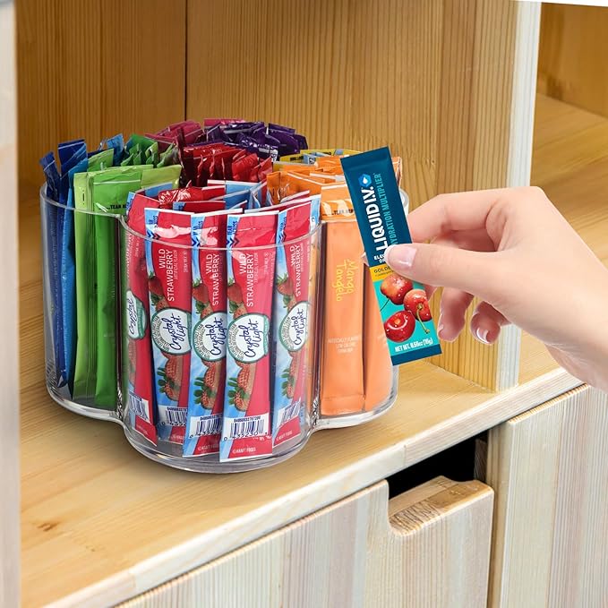 Drink Packet Organizer for Powdered Drink Mix,Powder Packet,Water Packet,Water Flavor Packet,Lazy Susan Organizer for Drink Mix Rotating Holder for Drink Mix Necessities (Flower)