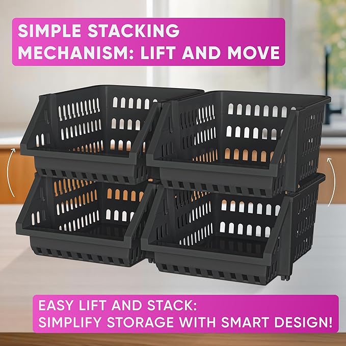 Skywin TidyFriend Small Stackable Storage Bins for Toy Organizer and Storage 4 Pack, Toy Storage Organizer for Kids Room and Home Organization (Black)
