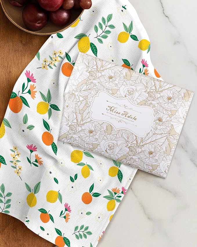 Miss Adola 2pcs Waffle Kitchen Towels - 16x26 Inch Cotton Waffle Weave Dish Cloths Set of 2 with Hanging Loop Absorbent Hand Tea Towels Fruits Design for Housewarming Gift, Citrus